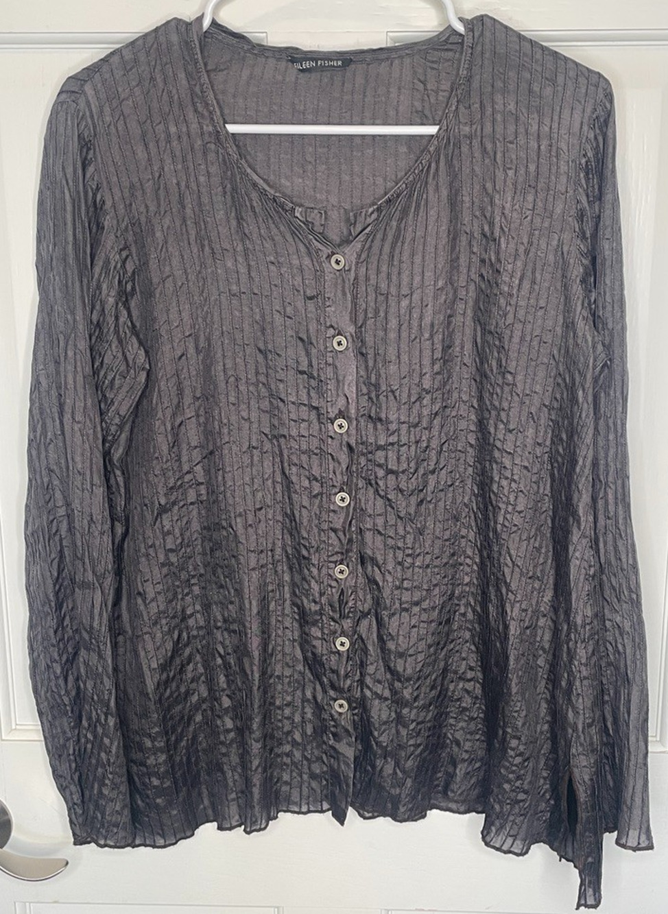 EILEEN FISHER Women's 100% Silk Crinkle Button Front Blouse Sz S Sheer Lagenlook